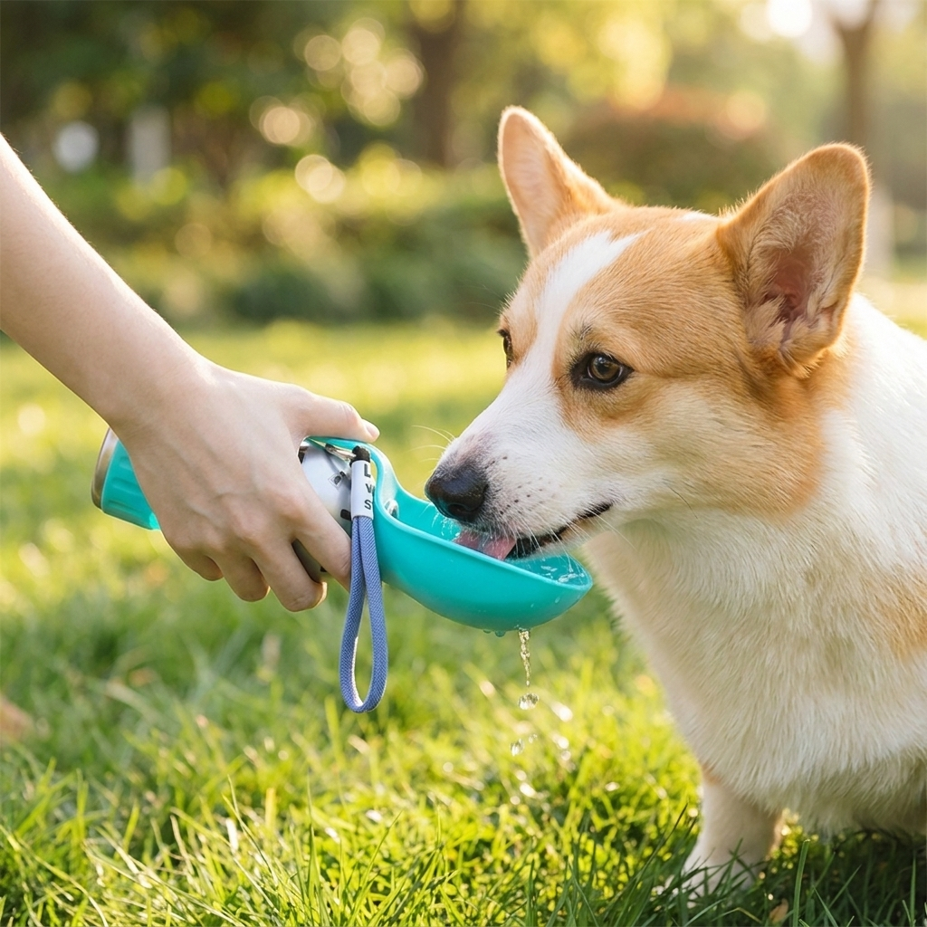 Dog drinking from PawDrop bottle